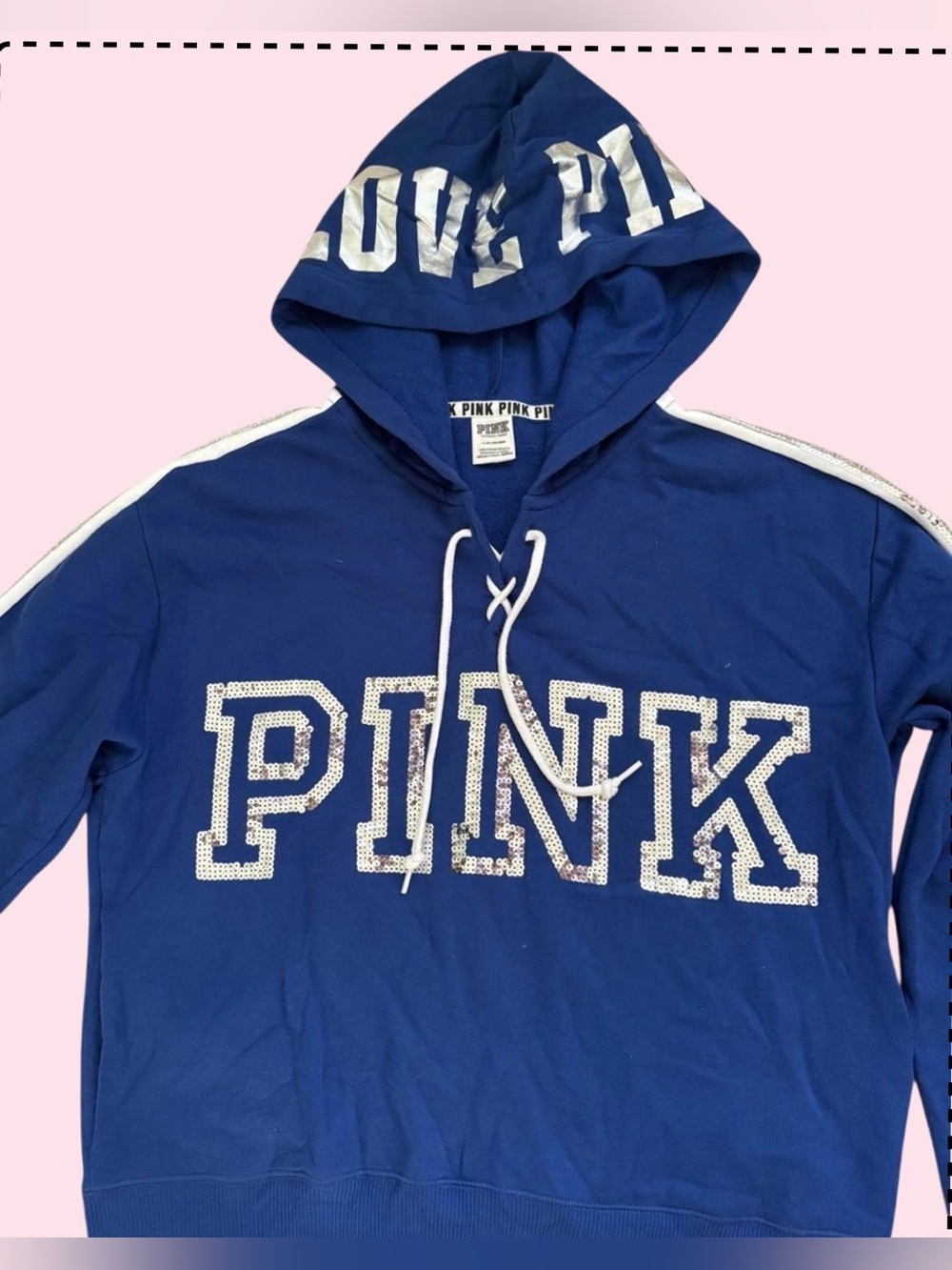 PINK Victoria's Secret Blue Hoodie with White Lettering, boxy style fit